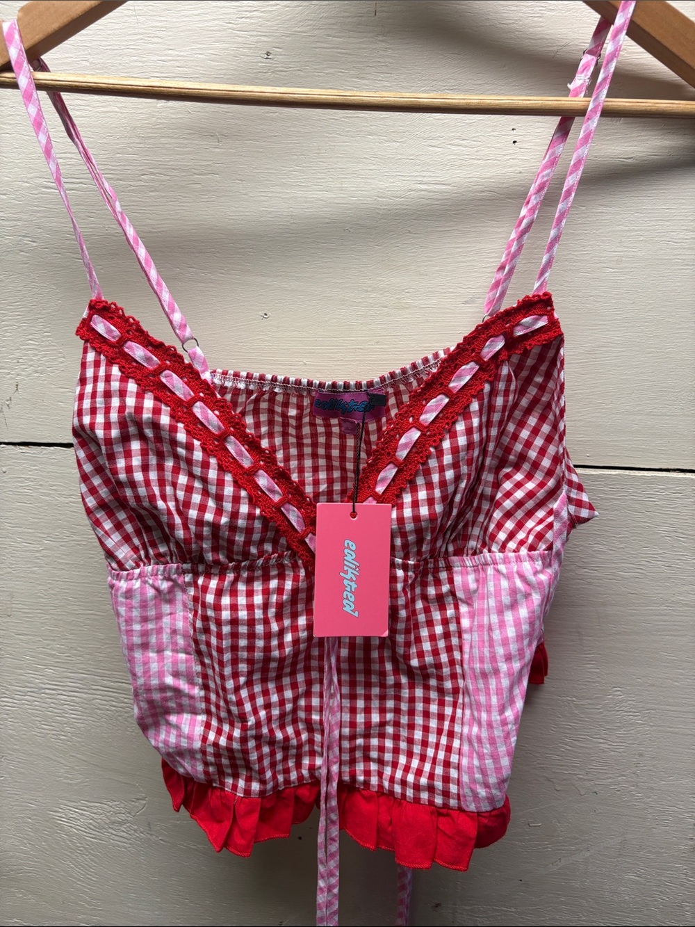 Edikted Red & Pink Gingham Cropped Cami with Lace Trim